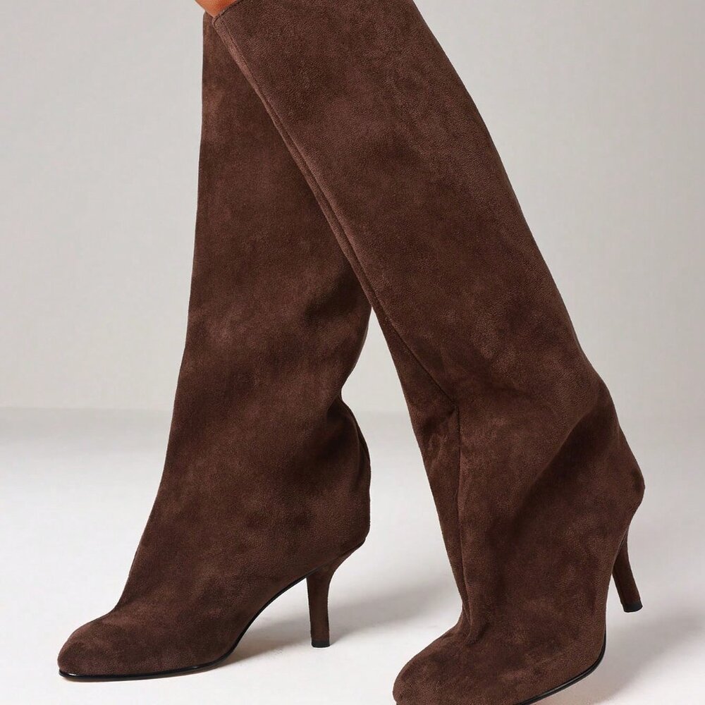 Dark Brown Party Women's Knee High Wide Calf Suede Square Toe Heeled Boots - Picture 5 of 7